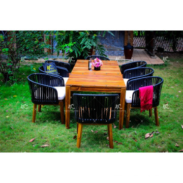 2017 Vietnam synthetic rattan and acasia wood table and chairs dining set for outdoor furniture